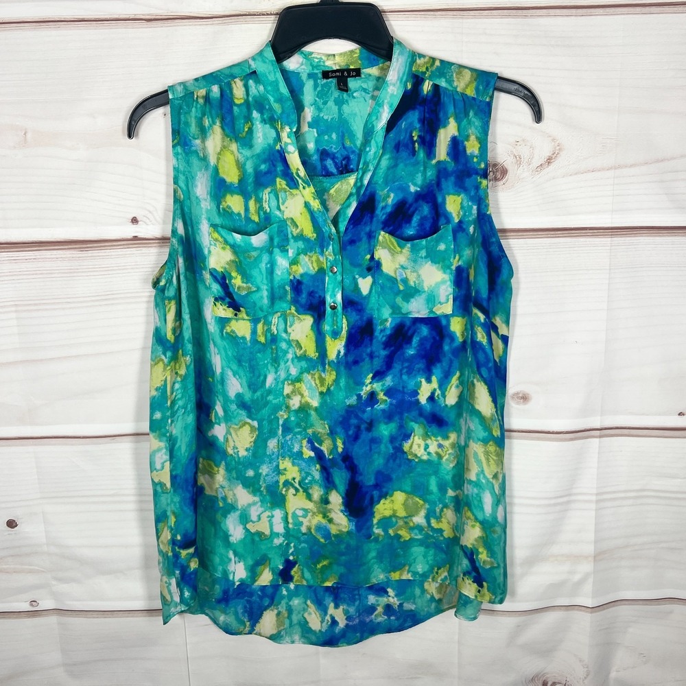 Sami & Jo Top Womens Large Green Printed Blouse Sleeveless Chiffon 1/4 Button